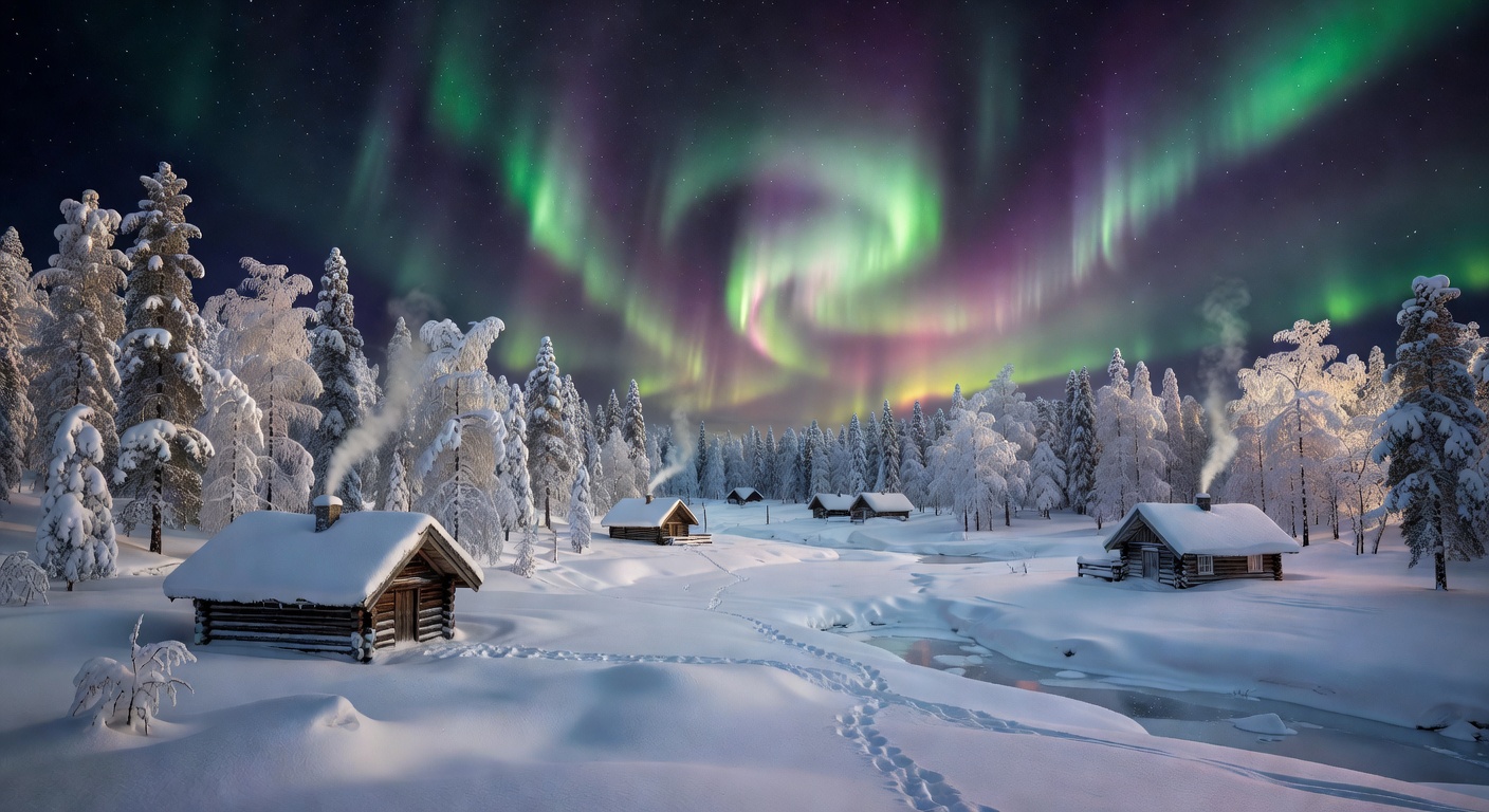 Lapland winter destination with aurora and snow cabins