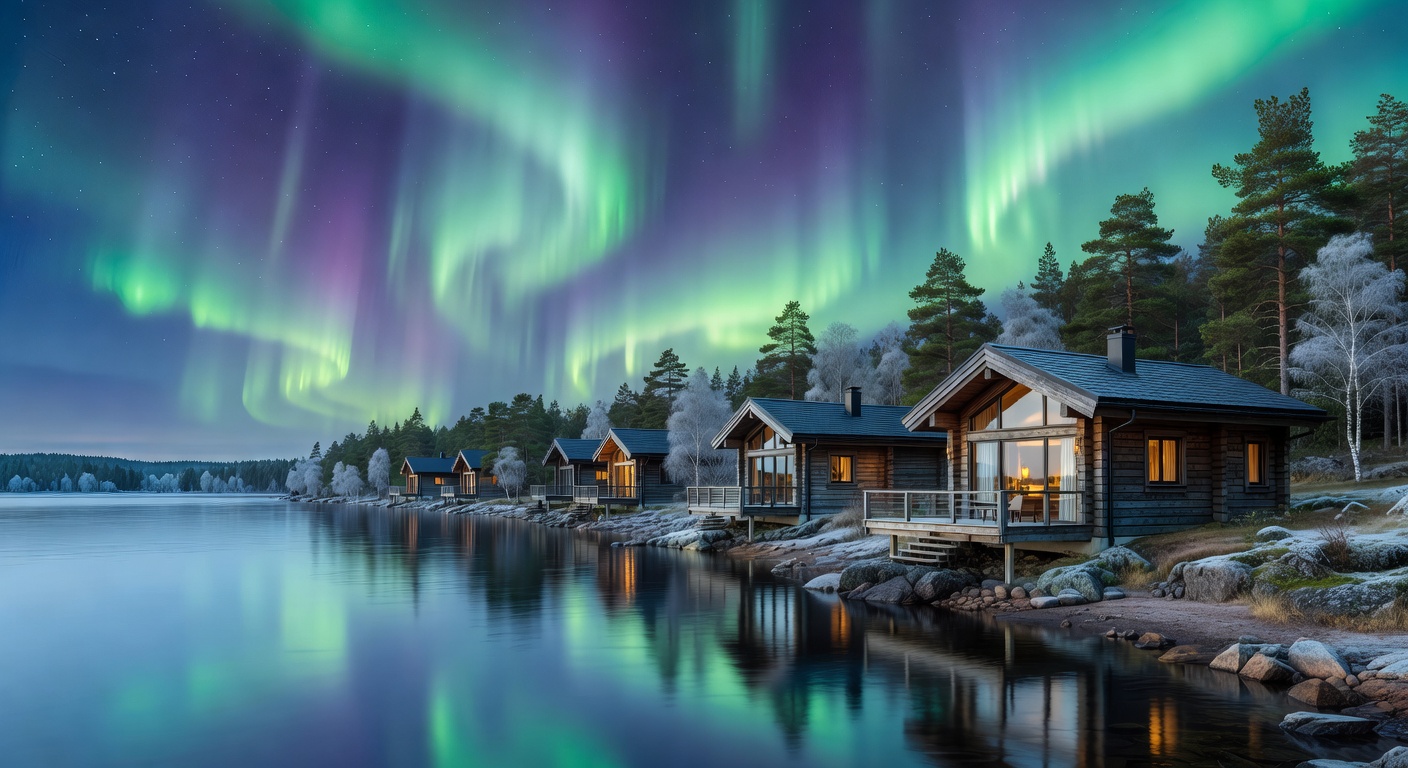 Luxury Finnish lakeside cabins under northern lights glow