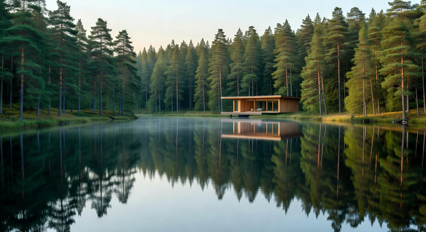 Finland landscape with pristine lake, pines and calm wellness atmosphere